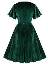 Load image into Gallery viewer, Christmas Green V Neck Velvet 1950S Vintage Swing Dress