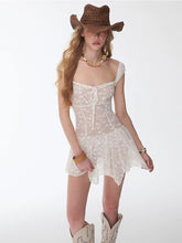 Load image into Gallery viewer, White Lace One Piece Swimdress Square Neck Skirted Swimsuit with Tie Front