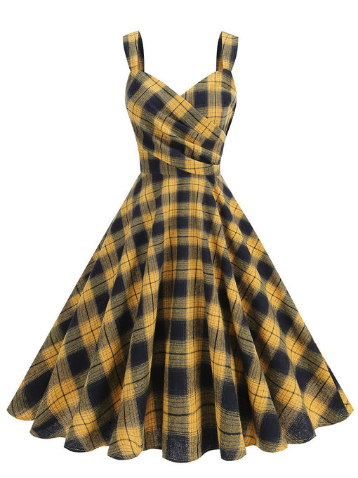 Clueless Inspired Yellow V Neck Plaid Vintage Dress
