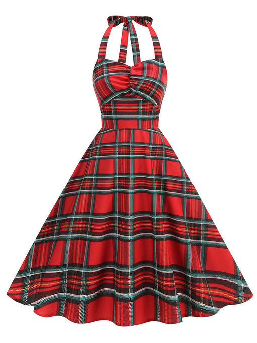 Red Plaid Sleeveless Halter Neck 50S Swing Christmas Dress