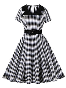 Black White Plaid 1950s Short Sleeve Swing Dress Black / XXL Black White Plaid 1950s Short Sleeve Swing Dress Black / XXL
