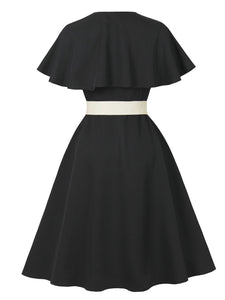 Audrey Hepburn Inspired Black Vintage Dress Elegant V-Neck Flounced Cape Cocktail Gown