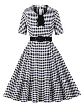 Load image into Gallery viewer, Black White Plaid Bow Neck 1950s Three-Quarter Sleeves Swing Dress