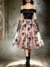 Load image into Gallery viewer, Vintage black off-shoulder spaghetti strap midi dress with pink butterfly tulle swing skirt
