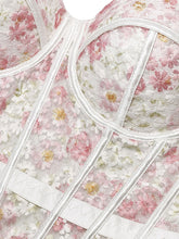 Load image into Gallery viewer, Pink Floral Embroidered Corset Top - Sheer Boned Spaghetti Strap Bustier
