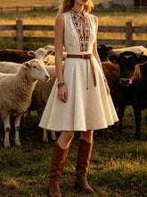 Load image into Gallery viewer, Vintage off-white sleeveless linen midi swing dress with boho floral embroidered V-neck and neck tie
