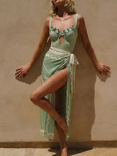 Load image into Gallery viewer, 2PS Sage Green Floral One-Piece Swimsuit Wave Trim Sarong Wrap Skirt Set