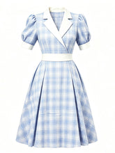 Load image into Gallery viewer, 1950s Baby Blue Plaid Notch Lapel Collar Vintage Puff Sleeve Retro Swing Dress
