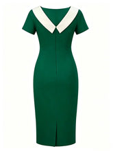 Load image into Gallery viewer, 1960s Dark Green Short Sleeve Bodycon Dress with Contrast White Collar