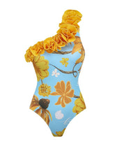 Load image into Gallery viewer, Women’s Light Blue Floral Print One-Shoulder One Piece with Yellow Ruffle and Long Skirt Set