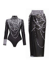 Load image into Gallery viewer, Black Beaded Chain Print Long Sleeve Bodysuit with Sheer Wrap Skirt