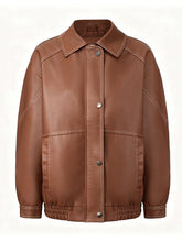 Load image into Gallery viewer, Women's Dark Brown Contrast Stitch Faux Leather Bomber Jacket