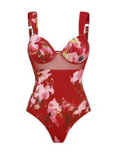 Load image into Gallery viewer, 2PS Red Floral One-Piece Swimsuit and Sheer Maxi Cover-Up Skirt Set