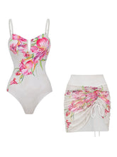 Load image into Gallery viewer, 2PS Pink Floral One-Piece Swimsuit Mesh Cover-Up Skirt Set