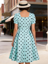 Load image into Gallery viewer, 1950s Mint Blue Polka Dot Puff Sleeve Vintage Swing Dress
