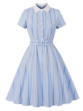 Load image into Gallery viewer, Blue Plaid Peter Pan Collar A-Line 1940S Vintage Shirt Dress