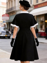 Load image into Gallery viewer, 1950s Vintage Black &amp; White Lapel Short Sleeve Swing Dress