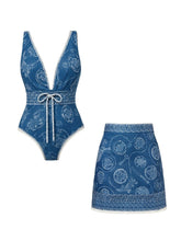 Load image into Gallery viewer, Vintage Blue Bandana Paisley One-Piece Swimsuit with Matching Mini Skirt