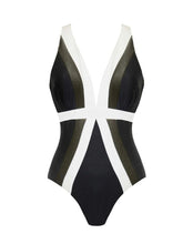 Load image into Gallery viewer, Women's Black and White Colorblock V-Neck Swimsuit &amp; Tie-Front Sarong Skirt Set