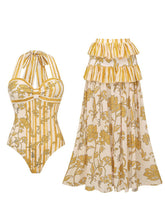 Load image into Gallery viewer, Women's Yellow Floral Striped Halter Swimsuit &amp; Tiered Ruffled Maxi Skirt Set