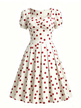 Load image into Gallery viewer, 1950s Green Polka Dots Vintage Puff Sleeve Retro Swing Dress