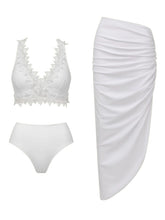 Load image into Gallery viewer, Women's White Lace Trim Bikini Bridal Swimsuit with Asymmetric Cover-Up Skirt