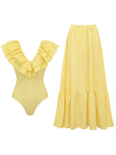 Load image into Gallery viewer, Women's Yellow Striped Ruffle V-Neck One Piece Swimsuit with Tiered Maxi Skirt Set