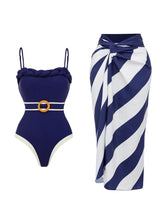 Load image into Gallery viewer, Navy Nautical One Piece Swimsuit with Belt and Striped Skirt Set
