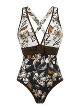Load image into Gallery viewer, Women’s Black and Brown Floral Print Criss-Cross One-Piece Swimsuit and Sheer Sarong Set