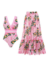 Load image into Gallery viewer, Women's Pink Floral Bathing Suit - 2 Piece Swimsuit and Beach Cover Up Skirt