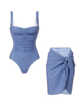 Load image into Gallery viewer, Women’s Blue Plaid Ruched One-Piece Swimsuit and Tie-Side Mini Sarong Cover-Up Set