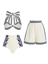 Load image into Gallery viewer, Retro Sailor Striped High Waisted Swimsuit 3-Piece Bikini Set Bow Halter Bikini and Shorts