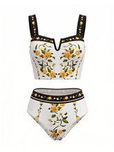 Load image into Gallery viewer, Women's White Floral 3 Piece Bikini Set with Matching Wrap Mini Skirt Cover Up
