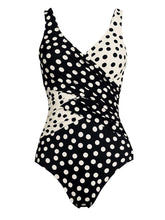 Load image into Gallery viewer, Women's Split Color Block Polka Dot Ruched V-Neck Bathing Suit and Asymmetric Hem Beach Skirt Set