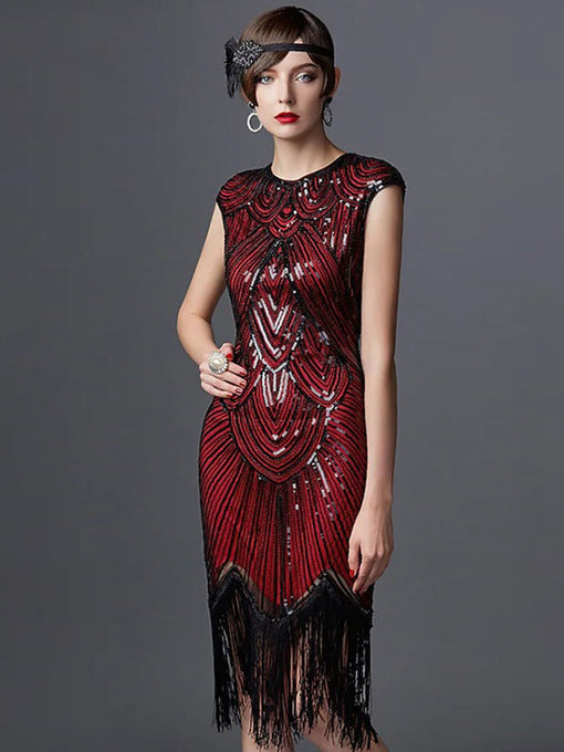 Spaghetti Straps Wine Red  Fringed Roaring 1920s Great Gatsby Dress