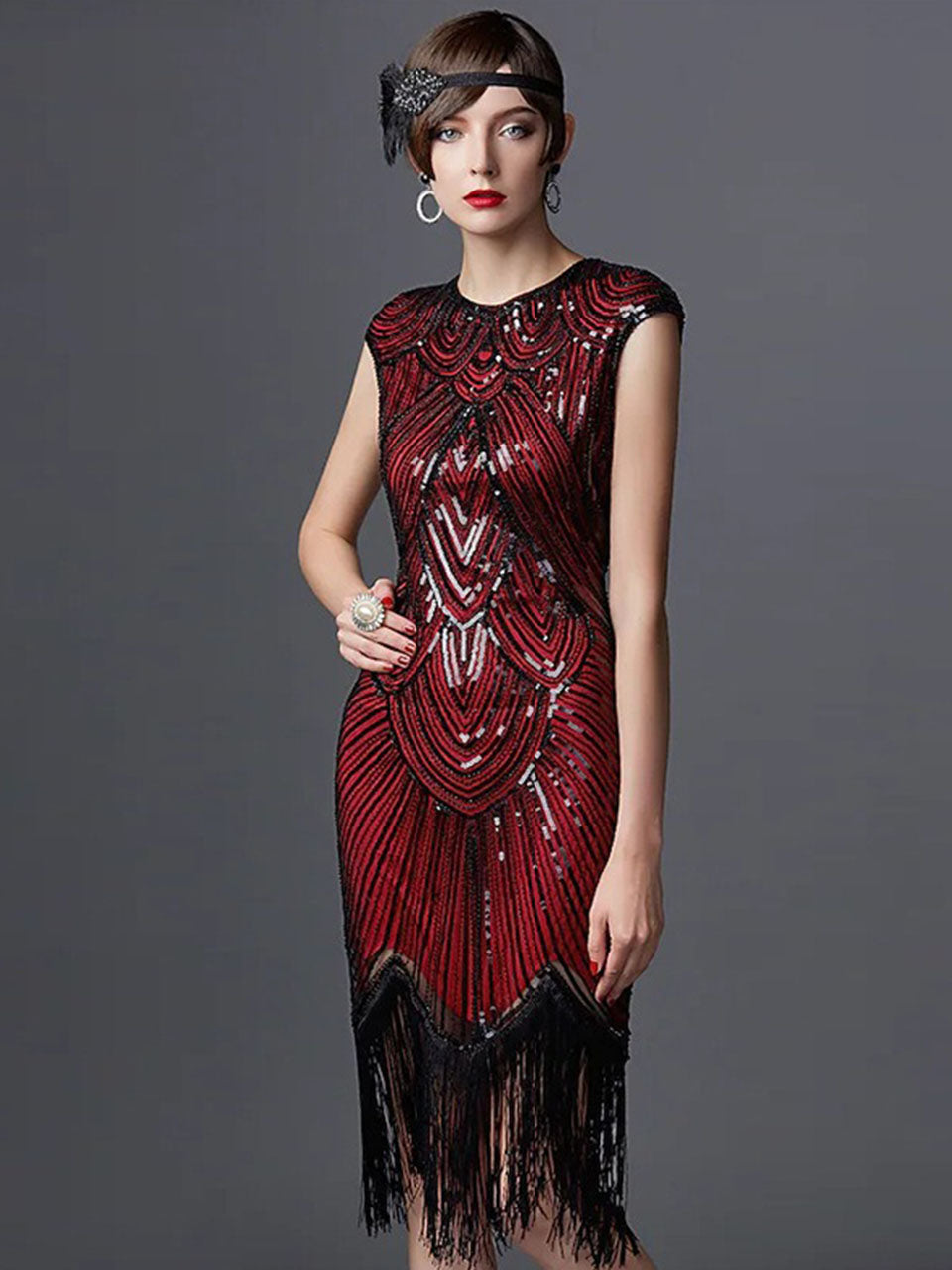 Spaghetti Straps Wine Red  Fringed Roaring 1920s Great Gatsby Dress