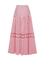 Load image into Gallery viewer, Barbiecore Pink and White Vertical Striped Strap Flowers One-Piece Swimsuit with Bathing Suit Skirt