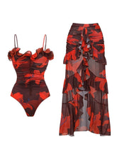 Load image into Gallery viewer, Dark Red Tropical Floral One Piece Swimsuit with Ruffle Skirt Set