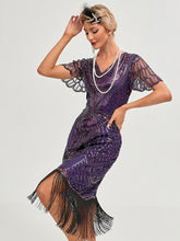 Load image into Gallery viewer, Women's 1920s Flapper Dress with Flutter Sleeves Purple Gatsby Costume Sequined Fringe Party Dress
