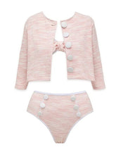 Load image into Gallery viewer, 3 Piece Textured Pink Bathing Suit Vintage 1960s Mod Bow Bikini Set