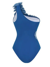 Load image into Gallery viewer, Royal Blue One Shoulder Beaded Feather One Piece Monokini with Draped Twist Sarong Maxi Skirt Swimsuit Set