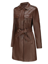 Load image into Gallery viewer, Women's Black Faux PU Leather Trench Mid-Length Coat with Belt