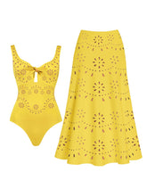 Load image into Gallery viewer, Yellow Eyelet Cutout One-Piece Swimsuit with  High-Waisted Maxi Skirt 2-Piece Set
