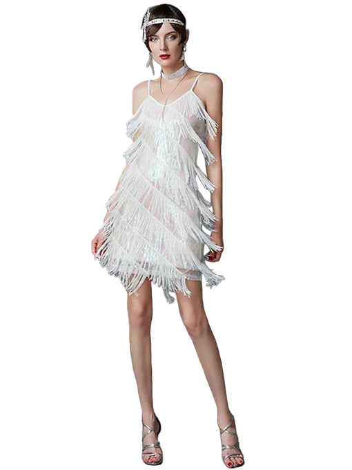 Spaghetti Straps White Fringed 1920s Great Gatsby Dress