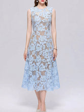 Load image into Gallery viewer, Baby Blue Floral Sheer Lace Sleeveless Cutout A-Line Midi Dress