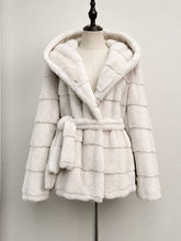 Load image into Gallery viewer, 1980s Vintage Charcoal Grey Hooded Faux Mink Fur Coat - Retro Tiered Belted Jacket