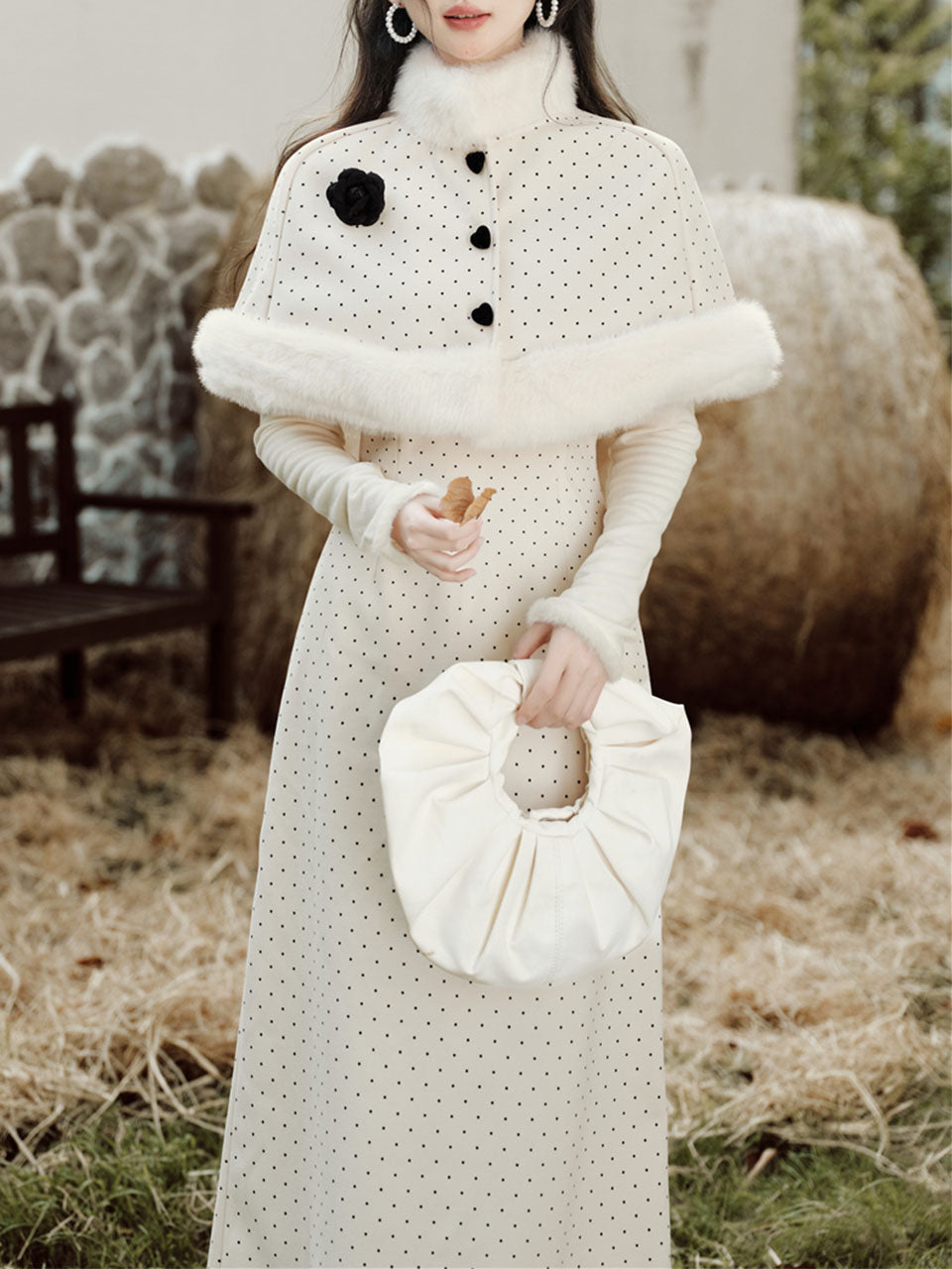White Polka Dots Fluffy Cape Vintage Two-Piece Dress Set, White / S