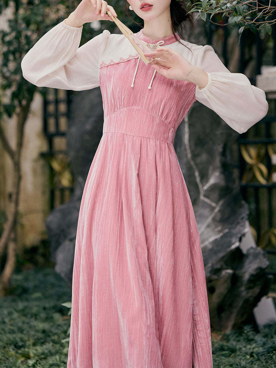 White Tulle Long Sleeve Pink Velvet Vintage Dress, Pink / S White Tulle Long Sleeve Pink Velvet Vintage Dress, Pink / S