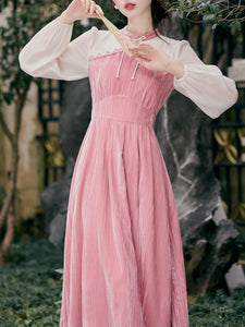 White Tulle Long Sleeve Pink Velvet Vintage Dress