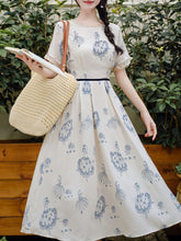 Load image into Gallery viewer, Retro Blue and White Porcelain Style Ballerina Graphic Dress Elegant Lace Flare Midi Dress for Picnic Vacation